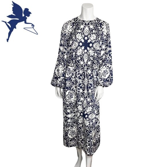 BODEN Silk Blend Ornate Garden Long Sleeve Column Dress in Navy - Picture 4 of 12